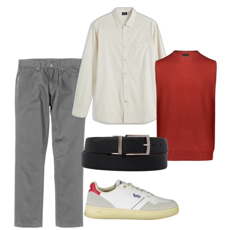 Outfit uomo - Il gilet rosso acceso. Stile Casual per Tutti i giorni. Abbinamento con pantaloni, camicie, gilet, sneakers, cinture.
