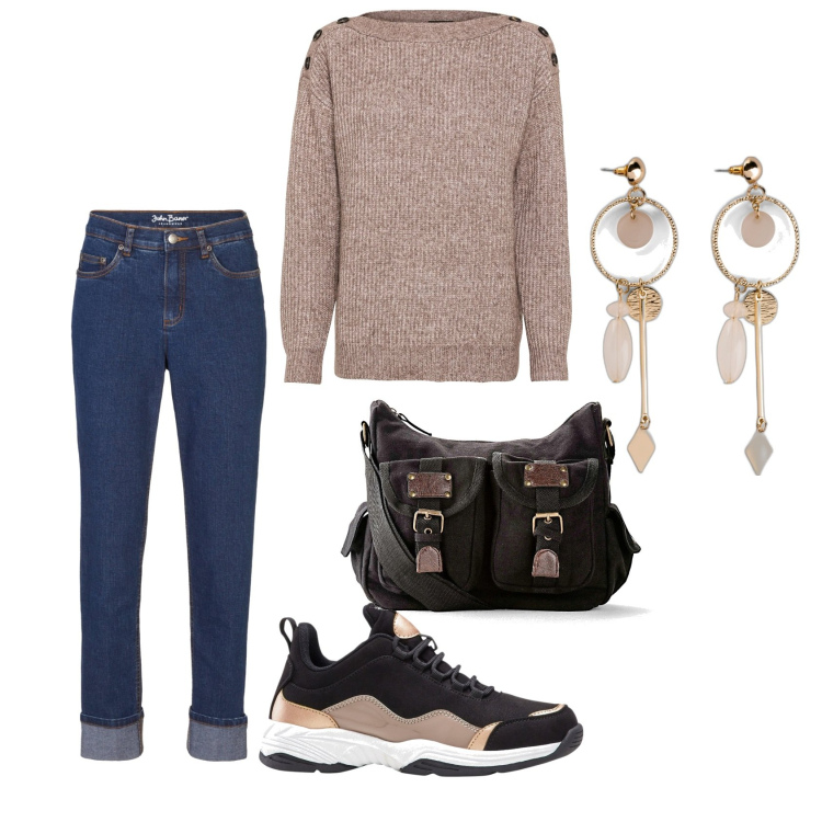 Outfit donna - Passeggiata d\'autunno. Stile Casual per Tutti i giorni. Abbinamento con sneakers, maglieria, orecchini, jeans boyfriend, borse a tracolla.