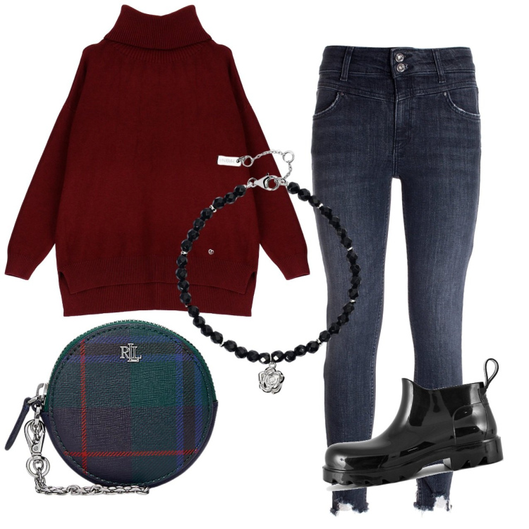 Outfit donna - Un tocco scozzese. Stile Casual per Tutti i giorni. Abbinamento con braccialetti, maglieria, jeans skinny, pochette, stivali.