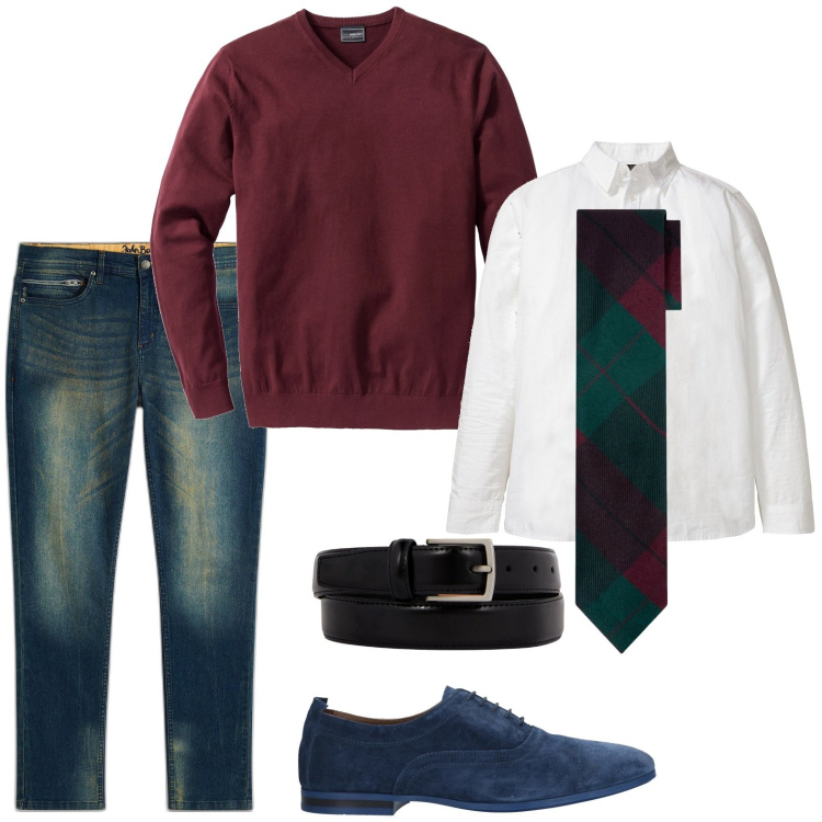 Outfit uomo - Look da ufficio. Stile Urban per Ufficio. Abbinamento con maglieria, jeans slim fit, camicie, scarpe stringate, cinture, cravatte.