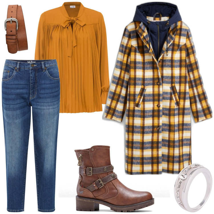 Outfit donna - Cappotto a quadri. Stile Casual per Tutti i giorni. Abbinamento con anelli, cinture, cappotti, bluse, jeans mom, stivaletti.