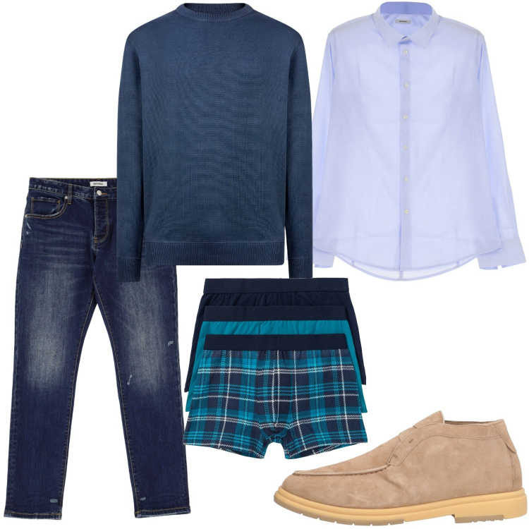 Outfit uomo - Camicia azzurra. Stile Trendy per Ufficio. Abbinamento con boxer, stivali e stivaletti, camicie, jeans slim fit, maglieria.