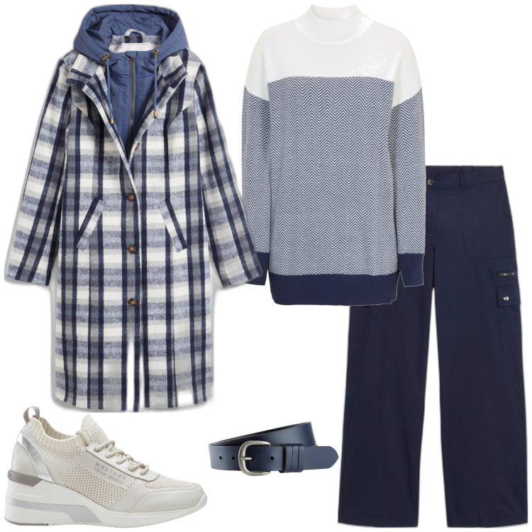Outfit donna - Cappotto a quadri blu. Stile Casual per Tutti i giorni. Abbinamento con pantaloni cargo, sneakers, cinture, cappotti, maglieria.