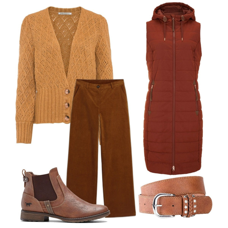 Outfit donna - Con i colori dell\' autunno. Stile Casual per Tutti i giorni. Abbinamento con pantaloni, cinture, cardigans, gilet, stivaletti chelsea.