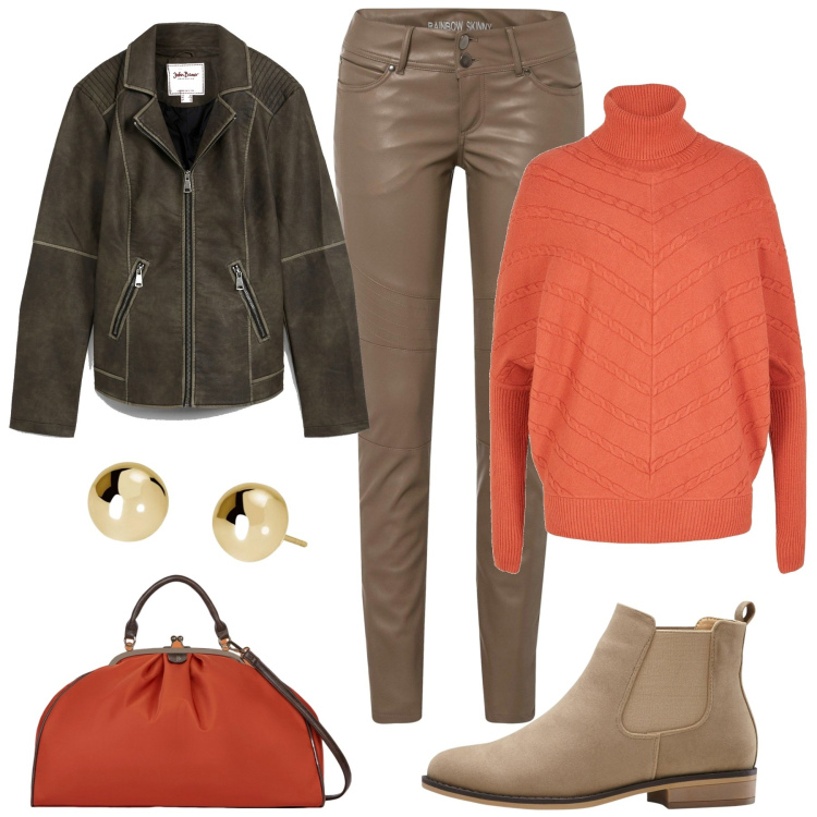 Outfit donna - Comoda per tutto il giorno. Stile Casual per Tutti i giorni. Abbinamento con stivaletti chelsea, maglieria, blazer, pantaloni, orecchini, borse a spalla.
