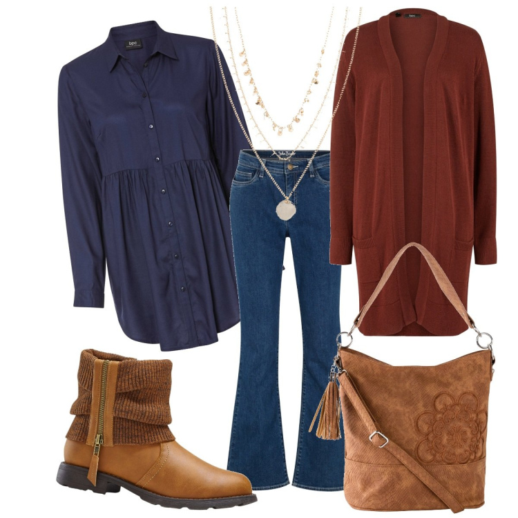 Outfit donna - Autunno bohemien - Bonprix. Stile Boho per Tutti i giorni. Abbinamento con borse a mano, cardigans, collane, jeans bootcut, camicie, stivaletti.