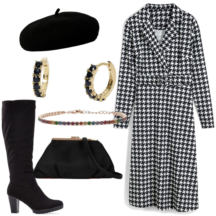 Outfit donna - Total look #1969097. Stile Casual chic per Tutti i giorni. Abbinamento con stivali, vestiti, braccialetti, orecchini, cappelli e berretti, pochette.