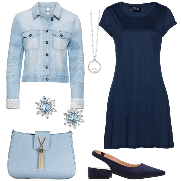 Outfit donna - Al lavoro. Stile Glamour per Ufficio. Abbinamento con vestiti, blazer, décolleté, orecchini, collane, borse a spalla.