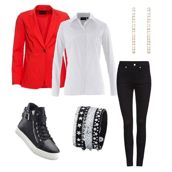 Outfit donna - La camicia bianca p.2. Stile Trendy per Tutti i giorni. Abbinamento con camicie, sneakers sport con zip nero, bracciale con strass glitter nero, blazer, jeans in denim nero, orecchini.