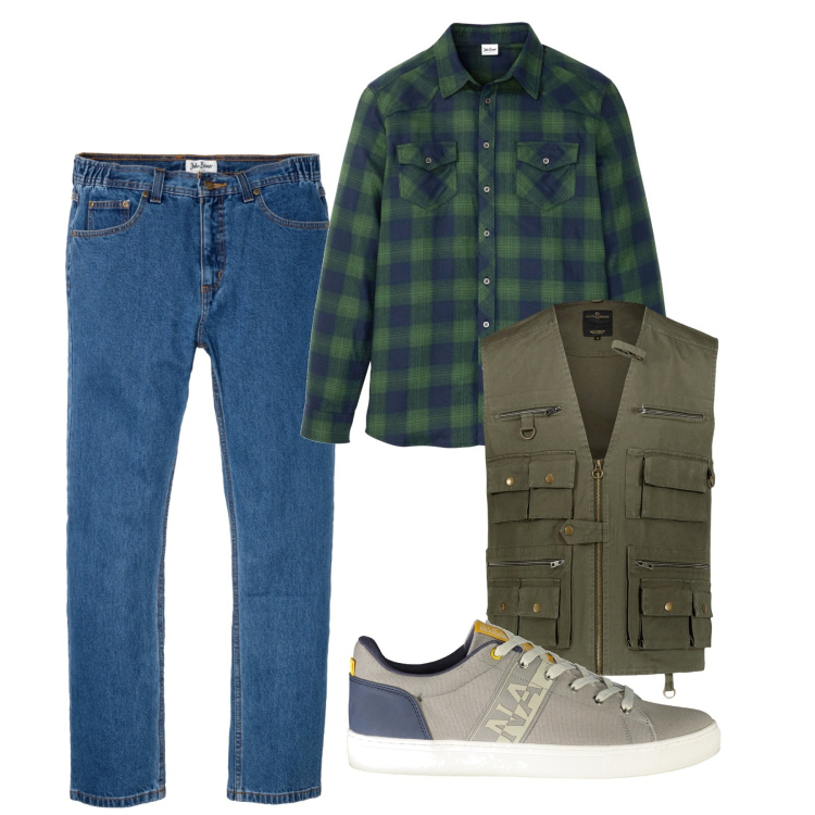 Outfit uomo - Gita in campagna. Stile Casual per Tutti i giorni. Abbinamento con camicie, jeans dritti, sneakers, gilet.