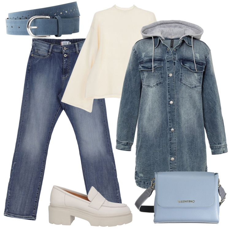 Outfit donna - La giacca in jeans con il cappuccio. Stile Casual per Tutti i giorni. Abbinamento con blazer, cinture, mocassini, jeans dritti, pullovers, borse a spalla.