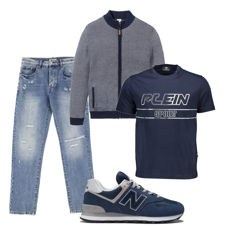 Outfit uomo - In jeans. Stile Casual per Tutti i giorni. Abbinamento con cardigans, sneakers, jeans dritti, t-shirt.