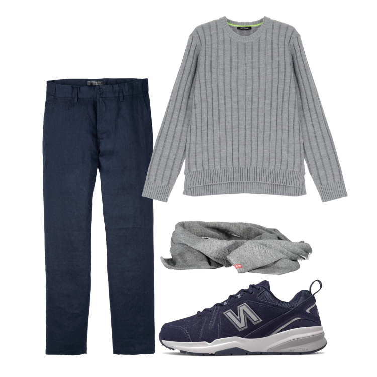 Outfit uomo - In comodità. Stile Urban per Tutti i giorni. Abbinamento con pantaloni, sneakers, maglieria, sciarpe.