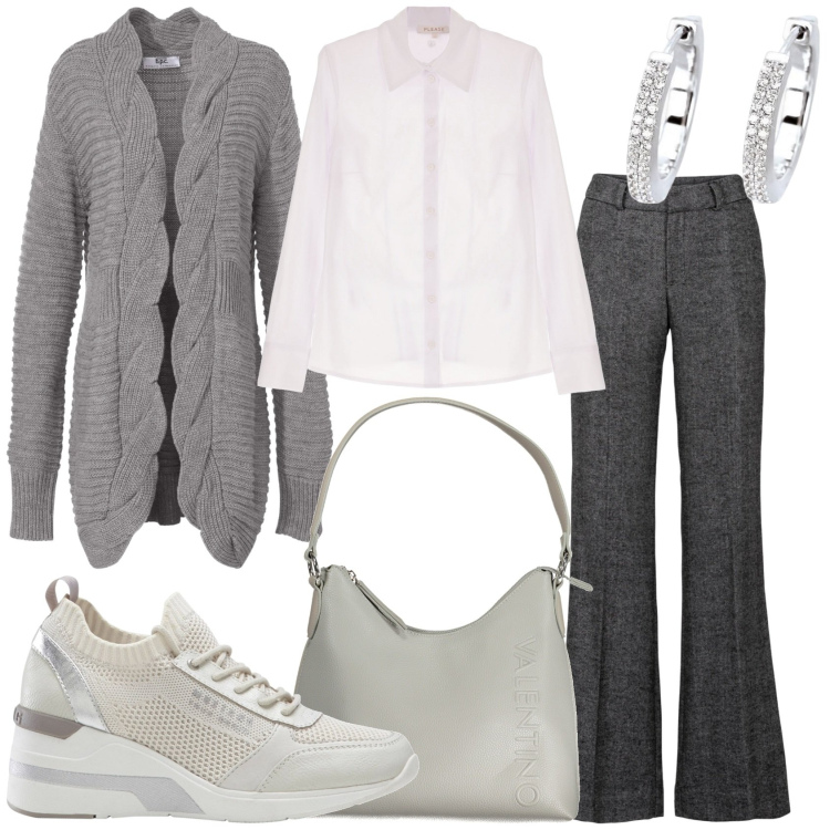 Outfit donna - Tutto bene anche per me. Stile Casual chic per Tutti i giorni. Abbinamento con pantaloni a palazzo, sneakers, cardigans, orecchini, camicie, borse a spalla.