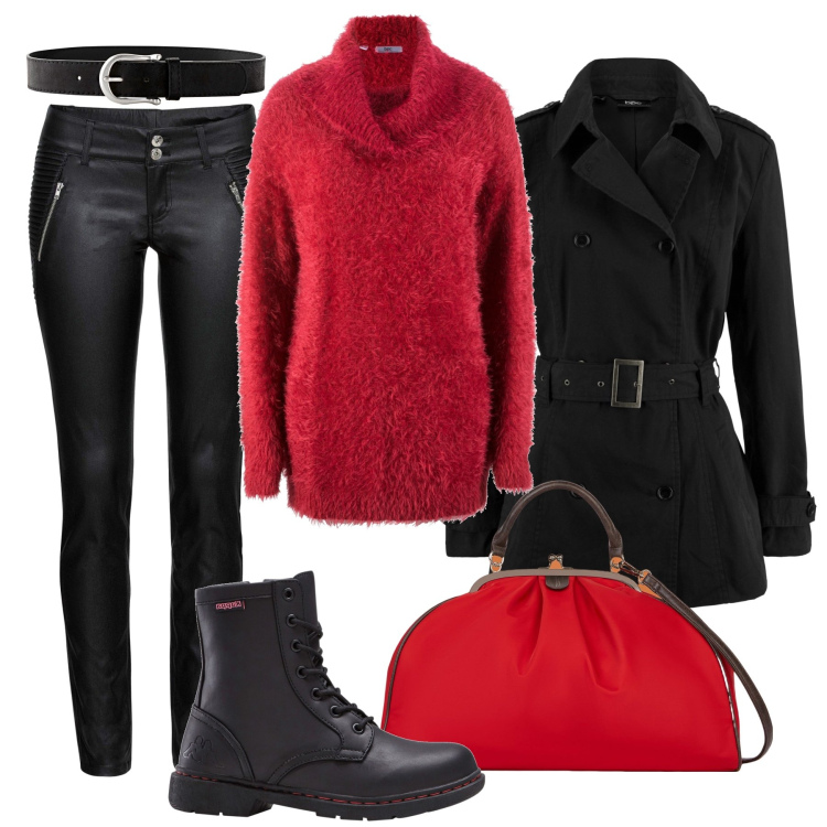 Outfit donna - Maglione over “peluche” e biker skynny. Stile Casual per Tutti i giorni. Abbinamento con cinture, maglieria, trench, pantaloni, stivaletti, borse a spalla.