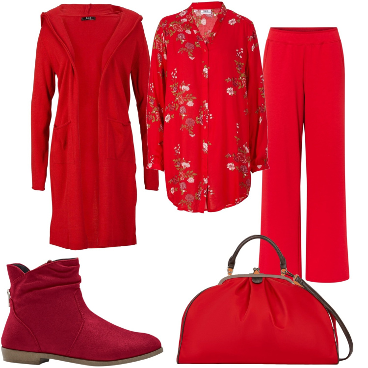 Outfit donna - Donna in rosso. Stile Trendy per Tutti i giorni. Abbinamento con stivaletti, pantaloni a palazzo, tuniche, cardigans, borse a spalla.