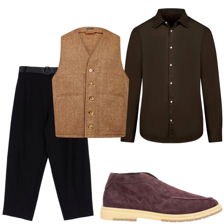 Outfit uomo - Il gilet marrone. Stile Trendy per Ufficio. Abbinamento con stivali e stivaletti, pantaloni, gilet, camicie.