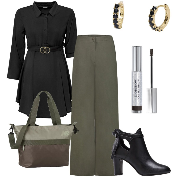 Outfit donna - Il camicione nero. Stile Bon Ton per Ufficio. Abbinamento con camicie, stivaletti, mascara, orecchini, borse tote, pantaloni.