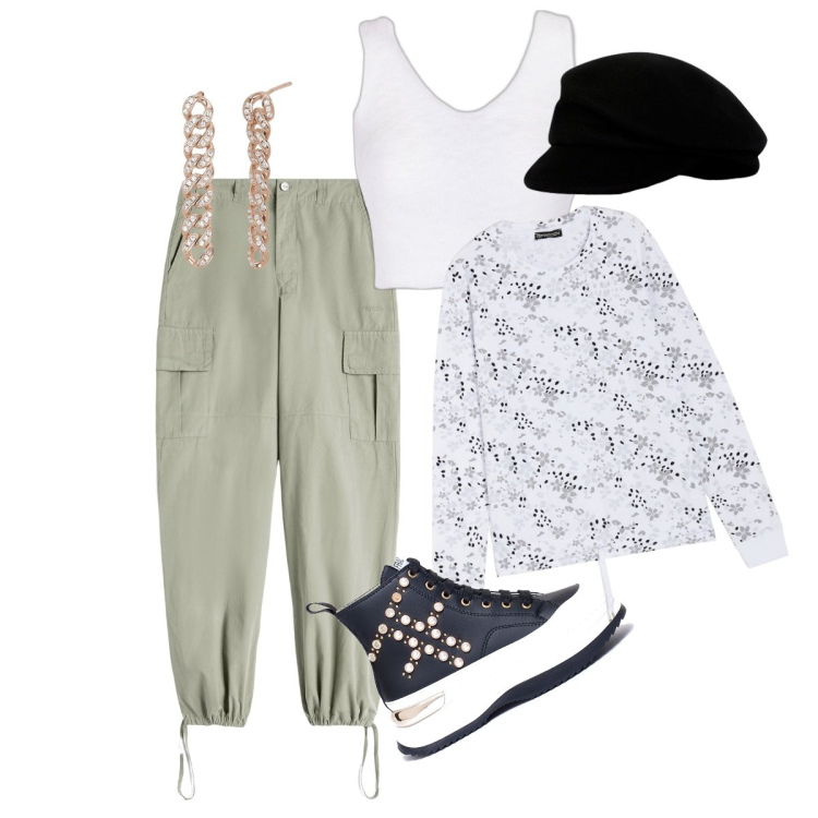 Outfit donna - Il casual di jlo che conquista. Stile Casual per Tutti i giorni. Abbinamento con orecchini, sneakers, top, pantaloni cargo, felpe, berretti.