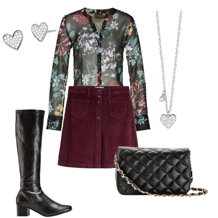 Outfit donna - La minigonna in velluto. Stile Preppy per Serata fuori. Abbinamento con stivali, borse a tracolla, camicie, gonne, orecchini, collane.