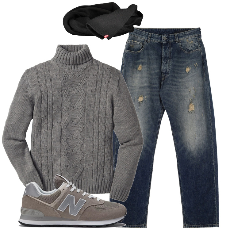 Outfit uomo - Total look #1969172. Stile Casual per Tutti i giorni. Abbinamento con maglieria, sneakers, jeans strappati, sciarpe.