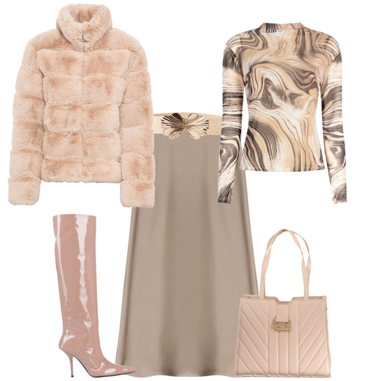 Outfit donna - Total look #1969173. Stile Chic per Serata fuori. Abbinamento con cinture, ecopellicce, stivali sopra il ginocchio, maglieria, gonne longuette, borse a spalla.