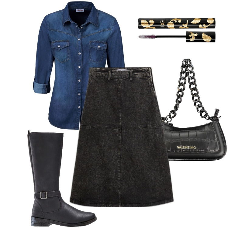 Outfit donna - Outfit in denim. Stile Urban per Tutti i giorni. Abbinamento con camicie, stivali, gonne longuette, mascara, borse a spalla.