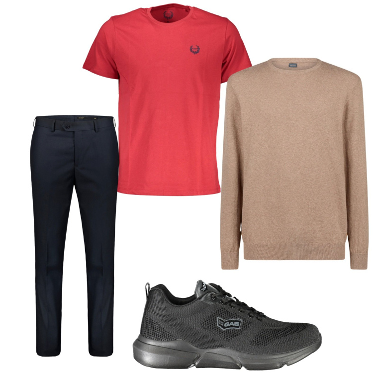 Outfit uomo - T-shirt rossa. Stile Trendy per Tutti i giorni. Abbinamento con maglieria, t-shirt, sneakers, pantaloni.