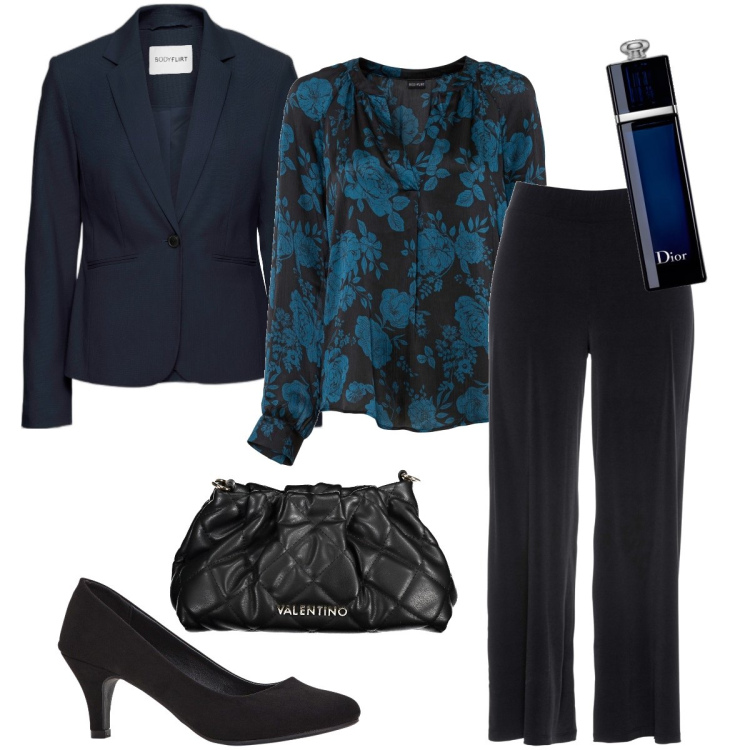 Outfit donna - Blu che sta bene con il nero. Stile Bon Ton per Serata fuori. Abbinamento con blazer, décolleté, pantaloni culotte, tuniche, profumi, borse a mano.