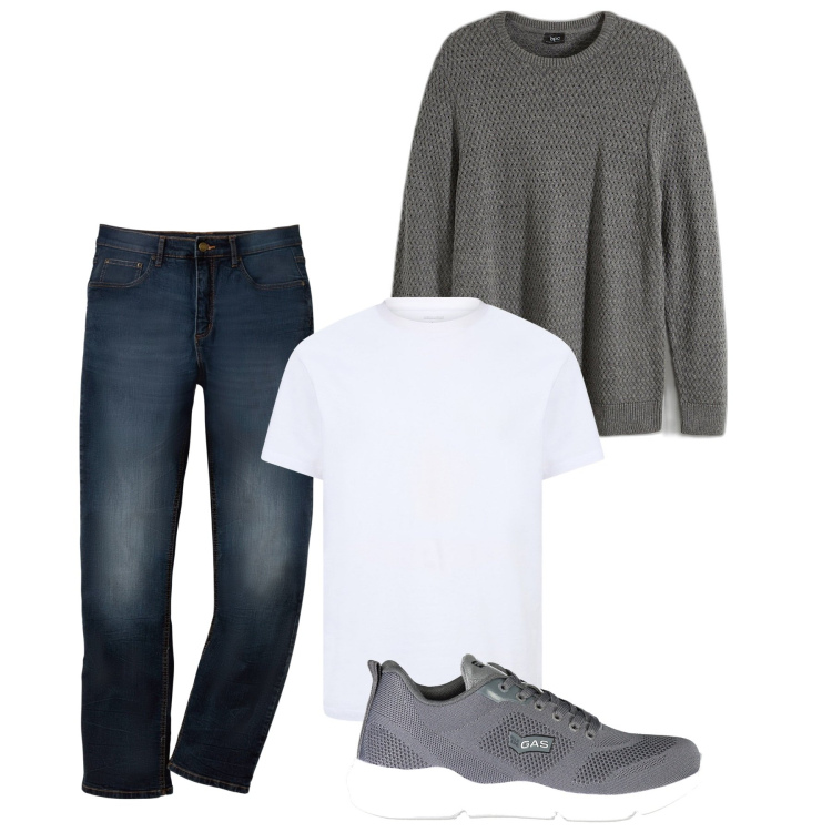Outfit uomo - Pull over. Stile Casual per Tutti i giorni. Abbinamento con jeans dritti, maglieria, sneakers, t-shirt.