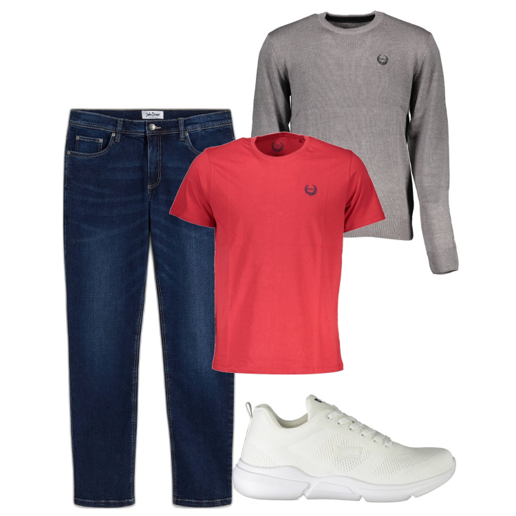 Outfit uomo - Tshirt rossa. Stile Casual per Tutti i giorni. Abbinamento con jeans dritti, t-shirt, sneakers, maglieria.