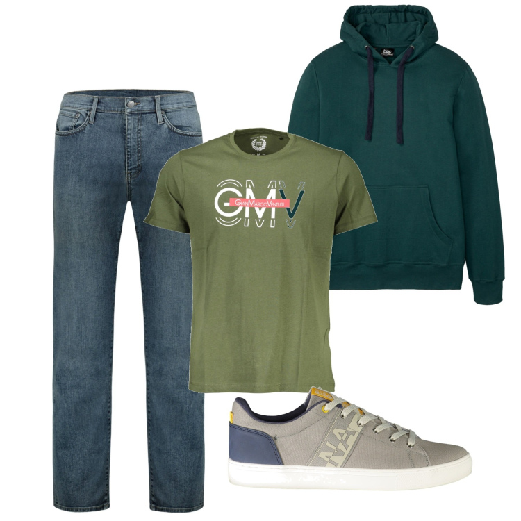 Outfit uomo - Verde. Stile Urban per Tutti i giorni. Abbinamento con felpe con cappuccio, jeans, t-shirt, sneakers.