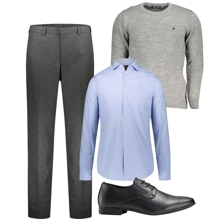 Outfit uomo - Grey mood. Stile Business/Elegante per Ufficio. Abbinamento con scarpe stringate, camicie, pantaloni, maglieria.