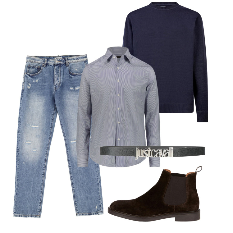 Outfit uomo - This is him. Stile Casual per Tutti i giorni. Abbinamento con cinture, jeans dritti, maglieria, stivali e stivaletti, camicie.