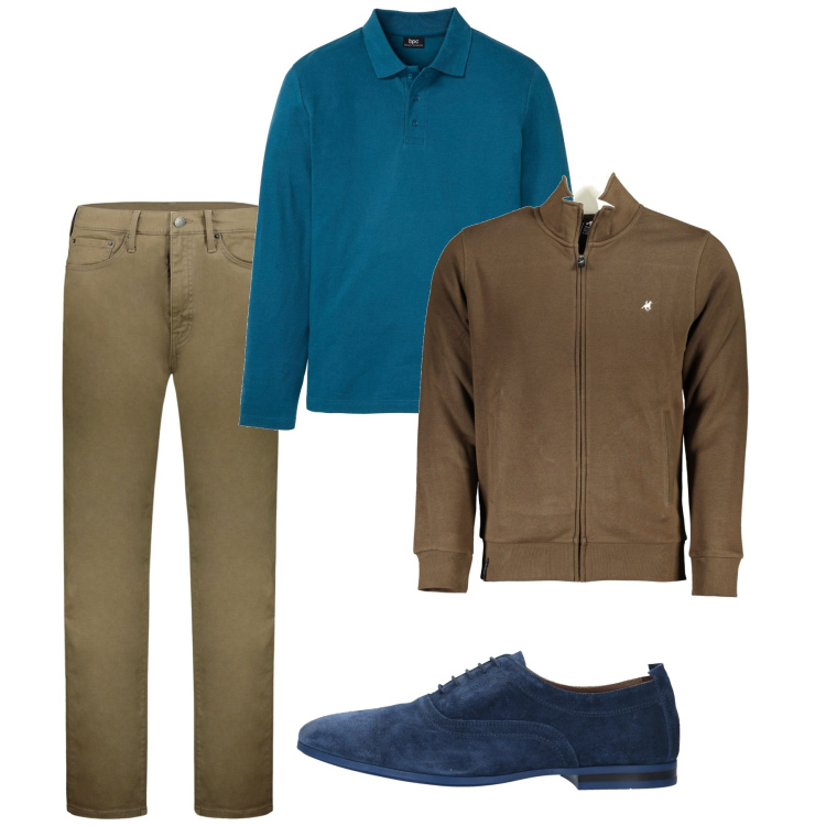 Outfit uomo - Blu e muschio. Stile Casual per Tutti i giorni. Abbinamento con polo, scarpe stringate, pantaloni, felpe.