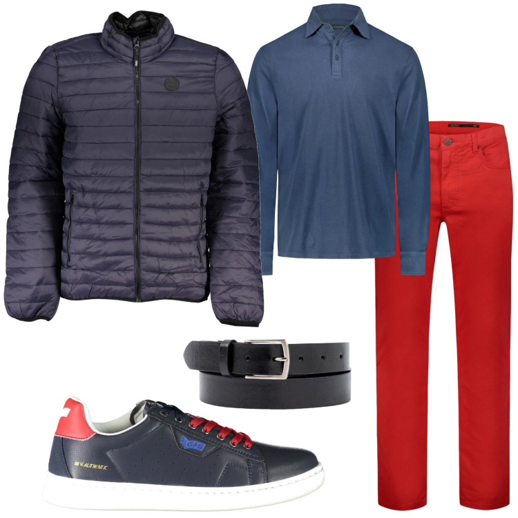 Outfit uomo - Blu e rosso. Stile Trendy per Tutti i giorni. Abbinamento con pantaloni, cinture, giacche, sneakers, polo.