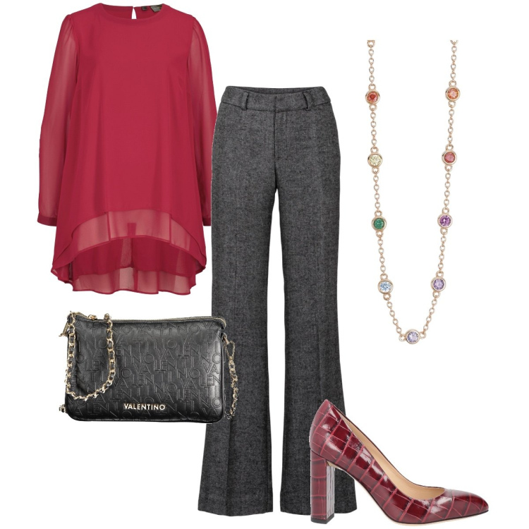 Outfit donna - Il pantalone antracite. Stile Bon Ton per Cerimonia. Abbinamento con pantaloni a palazzo, tuniche, décolleté, collane, borse a spalla.