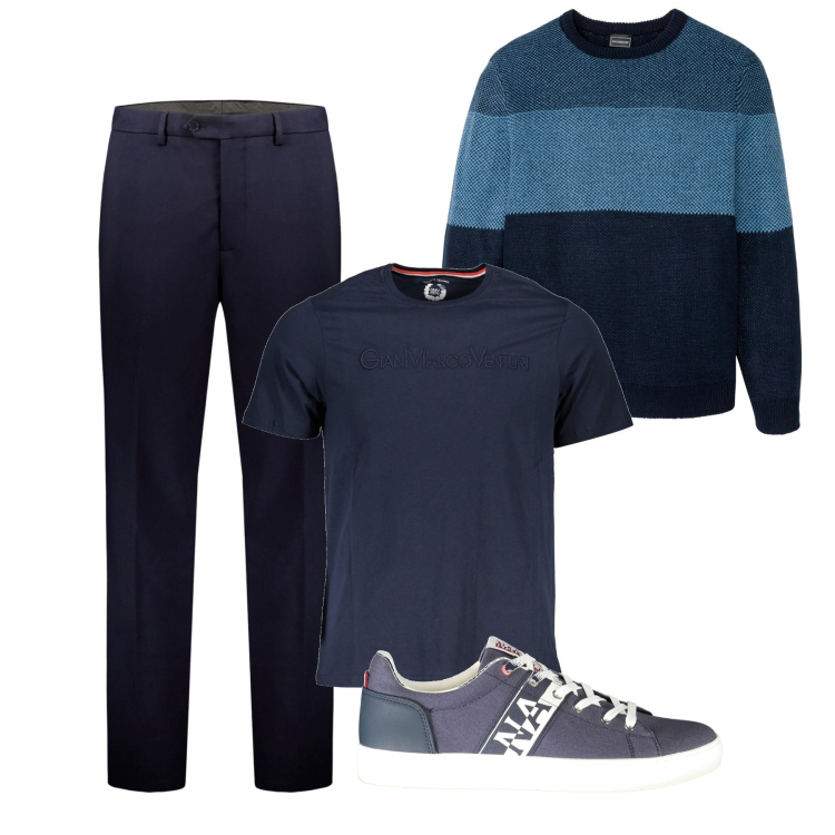 Outfit uomo - Le bande blu. Stile Casual per Tutti i giorni. Abbinamento con maglieria, pantaloni, t-shirt, sneakers.