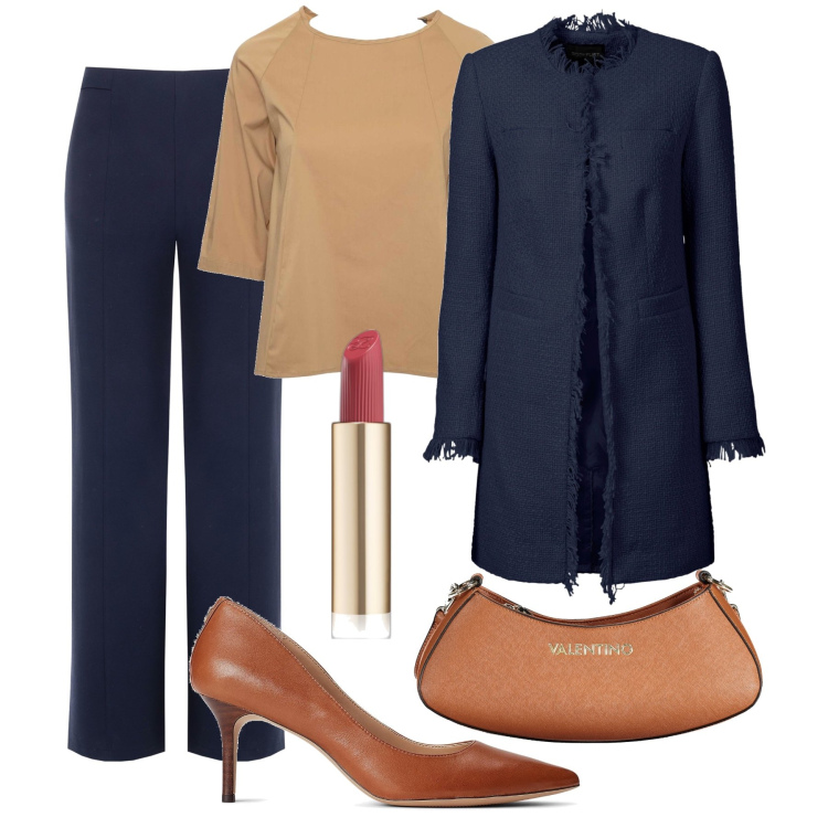 Outfit donna - Blu e cammello in ufficio. Stile Bon Ton per Ufficio. Abbinamento con blazer, décolleté, rossetti, pantaloni, bluse, borse a spalla.
