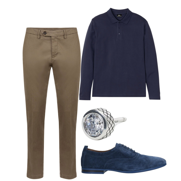 Outfit uomo - Il blu va sempre. Stile Casual per Tutti i giorni. Abbinamento con polo, scarpe stringate, orecchini, pantaloni chino.
