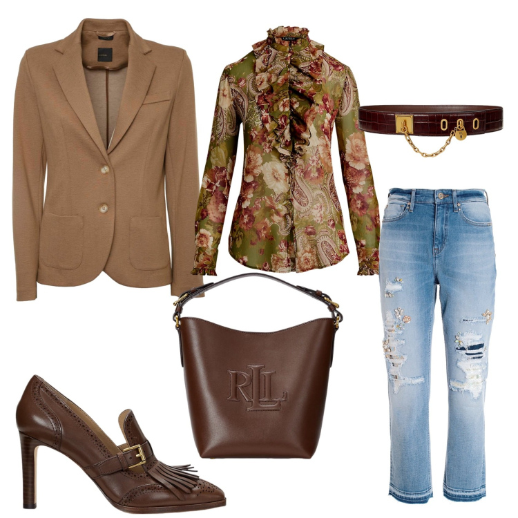Outfit donna - Contrasti d\'Autunno. Stile Casual chic per Ufficio. Abbinamento con jeans strappati, borse a secchiello, cinture, camicie, décolleté, blazer.