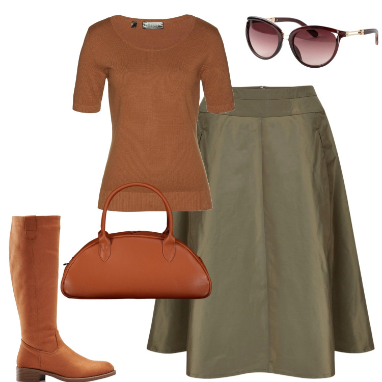 Outfit donna - City. Stile Urban per Tutti i giorni. Abbinamento con maglieria, stivali, occhiali da sole, gonne, borse a spalla.