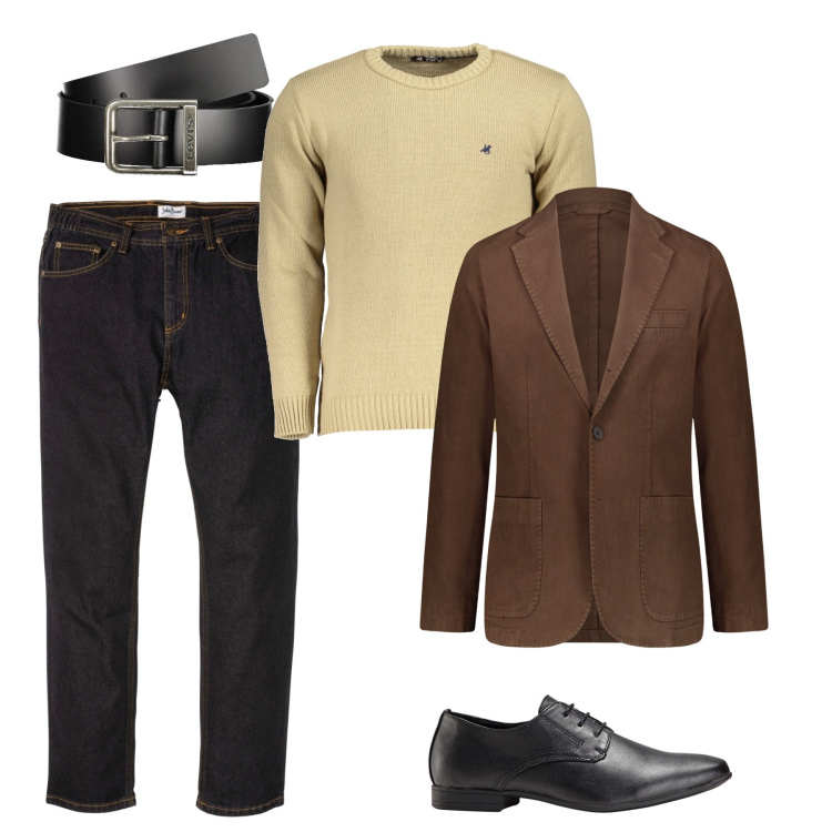 Outfit uomo - Il pull con la giacca. Stile Casual per Ufficio. Abbinamento con scarpe stringate, jeans dritti, giacche, cinture, maglieria.