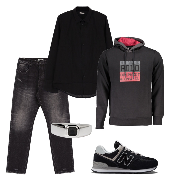 Outfit uomo - La felpa con la camicia nera. Stile Trendy per Tutti i giorni. Abbinamento con anelli, sneakers, camicie, jeans slim fit, felpe con cappuccio.