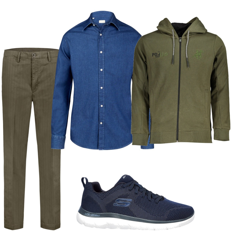 Outfit uomo - Verde e blu. Stile Trendy per Tutti i giorni. Abbinamento con sneakers, pantaloni, felpe con cappuccio, camicie.