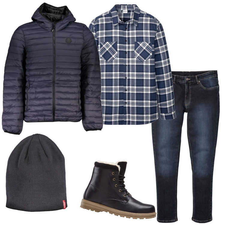Outfit uomo - Domenica in montagna. Stile Casual per Tutti i giorni. Abbinamento con stivali e stivaletti, jeans slim fit, camicie, giacche, berretti.