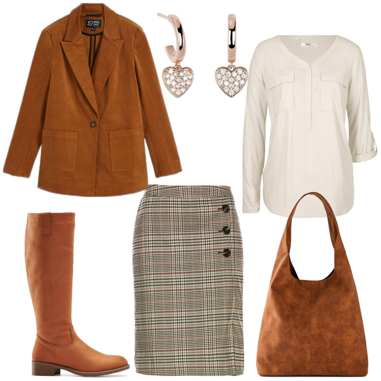 Outfit donna - Curvy in ufficio. Stile Casual chic per Ufficio. Abbinamento con gonne, stivali, blazer, shopping bag, bluse, orecchini.