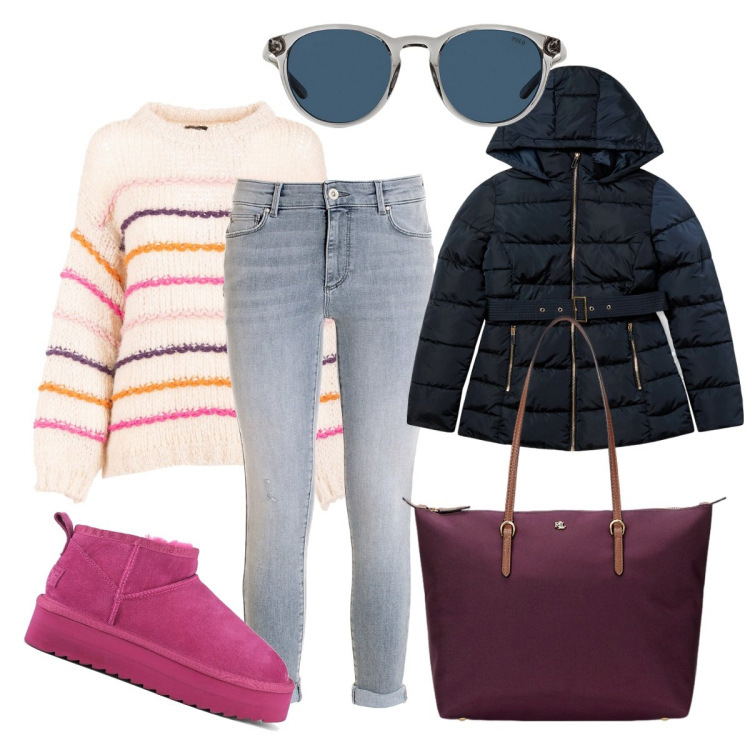 Outfit donna - Saldi bantoa. Stile Casual per Tutti i giorni. Abbinamento con blazer, jeans, maglieria, occhiali da sole, borse tote, stivaletti.