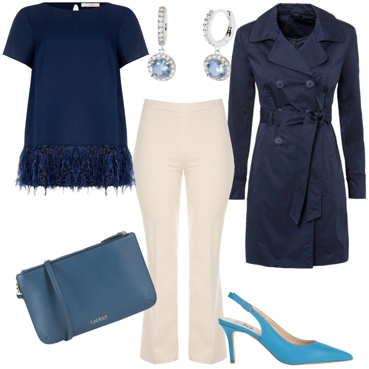 Outfit donna - Curvy: una serata fuori. Stile Chic per Serata fuori. Abbinamento con trench, décolleté, borse a tracolla, orecchini, bluse, pantaloni a palazzo.