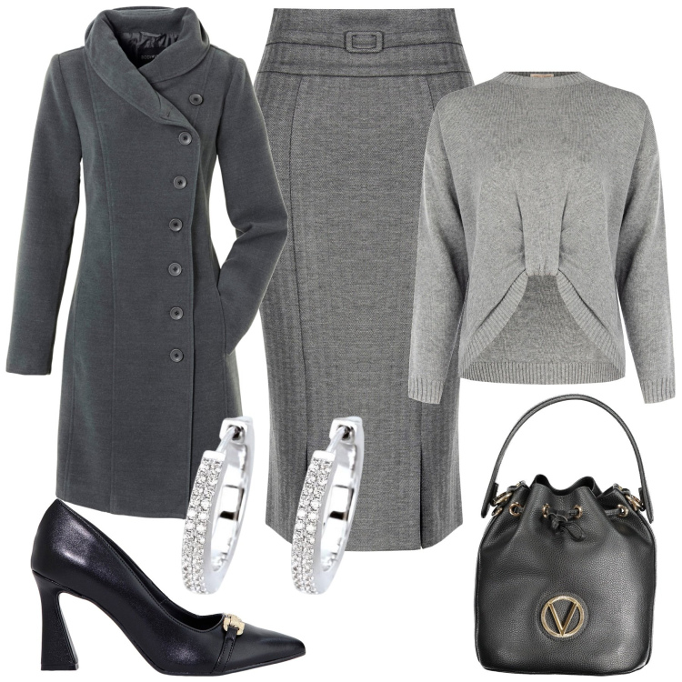 Outfit donna - Sfumature di grigio. Stile Glamour per Ufficio. Abbinamento con cappotti, orecchini, gonne lunghe, maglieria, stivaletti, borse a spalla.
